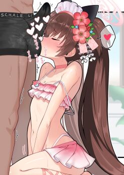 1boy 1girl absurdres bare_shoulders bikini bikini_skirt blue_archive blush breasts brown_hair bulge choker closed_eyes commentary_request erection erection_under_clothes flower frilled_bikini frills from_side hair_flower hair_ornament halo heart highleg highleg_bikini highres itouri13115 kanzashi loli long_hair maid_headdress navel official_alternate_costume oral pink_bikini pink_choker pink_halo seiza shizuko_(blue_archive) shizuko_(swimsuit)_(blue_archive) sitting small_breasts smelling spoken_heart strap_slip sweat swimsuit testicle_sucking twintails v_arms very_long_hair white_headdress rating:Explicit score:351 user:danbooru