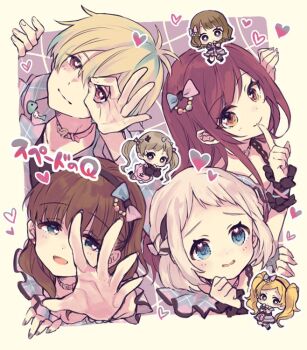  1boy 6+girls babui_4 belt_collar black_hairband blonde_hair blue_eyes blue_hair blush braid brown_eyes brown_hair chibi clenched_hands closed_mouth collar collarbone commentary_request dress emily_stewart finger_to_mouth foreshortening frills gakuen_idolmaster grey_hair hair_between_eyes hair_ornament hair_ribbon hairband hakozaki_serika half_up_braid hanazono_momohito hand_up heart heart-shaped_pupils idolmaster idolmaster_cinderella_girls idolmaster_million_live! idolmaster_million_live!_theater_days idolmaster_shiny_colors idolmaster_side-m idolmaster_side-m_growing_stars index_finger_raised katsuragi_lilja long_hair looking_at_viewer medium_hair multicolored_hair multiple_girls ok_sign ok_sign_over_eye open_hand open_mouth osaki_amana outstretched_arm outstretched_hand parted_bangs pink_collar pink_dress pink_eyes reaching reaching_towards_viewer red_hair ribbon ribbon_braid sakuma_mayu short_hair smile streaked_hair suou_momoko swept_bangs symbol-shaped_pupils twintails very_long_hair wavy_hair yandere yellow_eyes 