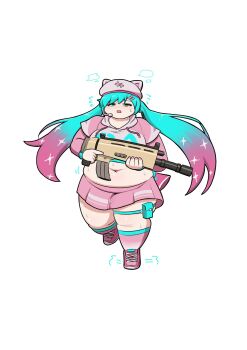  1girl alternate_body_size alternate_breast_size an_(an_chang) animal_ears aqua_eyes aqua_hair aqua_trim big_belly boots breasts fake_animal_ears fat fat_woman fortnite gradient_hair gun hat hatsune_miku highres holding holding_gun holding_weapon hood hoodie long_hair medium_breasts microphone midriff multicolored_hair navel neko_hatsune_miku pink_boots pink_hat pink_hoodie pink_skirt pink_socks pleated_skirt simple_background skirt socks solo thick_thighs thigh_strap thighs vocaloid weapon weight_gain white_background  rating:Sensitive score:9 user:danbooru