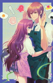  1boy 1girl :/ a-chan_(little_busters!) absurdres adapted_costume animal_print apron arm_around_waist blue_bow blue_eyes blue_necktie blush bow brown_hair cat_print closed_mouth collared_shirt commentary_request couple cowboy_shot cup dressing_another egg_(food) eyelashes food food_art fork from_side frown green_apron grey_skirt hair_between_eyes hands_up hetero highres hug little_busters! little_busters!_school_uniform long_hair long_sleeves looking_at_another looking_up miiizuno_lbs miniskirt mug natsume_kyousuke necktie omelet omurice onigiri open_mouth pink_apron plaid_clothes plaid_skirt print_apron profile purple_hair red_eyes school_uniform shirt short_hair shy skirt sleeves_rolled_up standing sweatdrop tako-san_wiener upturned_eyes very_long_hair wavy_hair white_shirt 