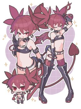  1girl bandeau bat_wings belt black_bandeau black_choker black_gloves boots bracelet chibi chibi_inset choker commentary_request demon_girl demon_tail disgaea earrings etna_(disgaea) flat_chest full_body gloves highres holding holding_polearm holding_weapon jewelry looking_at_viewer multiple_views navel o-ring o-ring_choker pointy_ears polearm red_eyes red_hair red_tail red_thighhighs red_wings short_shorts short_twintails shorts skull_earrings smile smug spear suaman tail thigh_boots thighhighs twintails weapon wings 