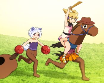  3girls :3 animal_costume animal_ears bear_trap brown_hat brown_pants carrying carrying_person closed_mouth commentary cowboy_hat dog_ears dog_girl dog_tail earmuffs grey_hair haribote_elegy hat holding horse_costume japan_world_cup kurokoma_saki mitsugashira_enoko multicolored_hair multiple_girls multiple_tails pants piggyback pointy_hair purple_hair purple_skirt red_eyes ritual_baton running shirosato shirt skirt sleeveless sleeveless_shirt smile symbol-only_commentary tail touhou toyosatomimi_no_miko two-tone_hair 