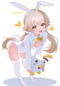  1girl absurdres animal_ear_hairband animal_ears blue_archive bow bowtie breasts brown_hair collared_shrug commentary fake_animal_ears fake_tail hairband halo heart hifumi_(blue_archive) high_heels highleg highleg_leotard highres holding holding_stuffed_toy leaning_forward leotard long_hair long_sleeves looking_at_viewer low_twintails open_mouth peroro_(blue_archive) playboy_bunny rabbit_ear_hairband rabbit_ears rabbit_tail shoes shrug_(clothing) shusuchii small_breasts solo strapless strapless_leotard stuffed_animal stuffed_toy symbol-only_commentary tail teeth thighhighs twintails upper_teeth_only white_background white_leotard white_shoes white_shrug white_thighhighs yellow_bow yellow_bowtie yellow_eyes yellow_halo 