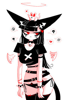  1girl andaerz animal animal_ears animal_on_head annoyed bell belt black_hair black_panties black_tail black_thighhighs bow_legwear bracelet breasts broken_heart cat_ear_panties cat_ears cat_girl cat_girl_(andaerz) cat_tail collar cowboy_shot crop_top cross cross_hair_ornament detached_wings fishnet_sleeves fishnets hair_ornament halo heart heart_hair_ornament highres jewelry large_ears long_hair makeup medium_breasts messy_hair midriff mouse_(animal) multiple_belts narrow_waist navel neck_bell on_head original panties red_eyes red_halo runny_makeup side-tie_panties skull spiked_bracelet spikes spoken_broken_heart spoken_heart spoken_skull spoken_squiggle squiggle tail thighhighs underwear wings 