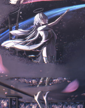  1girl absurdres colored_eyelashes commentary dress grey_hair halo highres iamnk jacket long_hair mornye_(wuthering_waves) purple_dress red_eyes reflection reflective_liquid see-through_body solo white_jacket wuthering_waves 