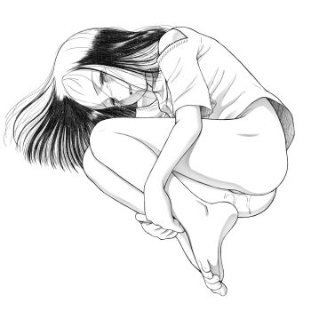  1girl after_rape after_vaginal aftersex black_hair blush bottomless crying crying_with_eyes_open cum cum_in_pussy cumdrip empty_eyes etomon34 female_focus fetal_position from_above full_body greyscale half-closed_eyes loli long_hair lying monochrome on_side open_mouth original pussy_juice shirt short_sleeves simple_background solo tears toes webp-to-png_conversion white_background white_shirt 