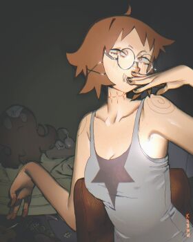  1girl absurdres armpit_hair bare_shoulders black_nails brown_hair carmine3 chair commentary dildo english_commentary glasses guitar headphones highres inconspicuous_sex_toy instrument original rabbit_vibrator round_eyewear sex_toy shoes short_hair solo unworn_shoes vibrator 