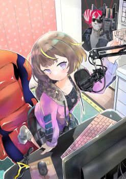  anya_melfissa blonde_hair braid brown_hair chair dagger earbuds earphones_around_neck earphones female_focus gaming_chair grey_skirt highres hololive hololive_indonesia hood hood_down hoodie computer_keyboard knife kris_(weapon) kureiji_ollie looking_at_viewer microphone momishi24 monitor computer_mouse mousepad_(object) multicolored_hair purple_eyes side_braid skirt socks sorayomi_daichi streaked_hair swivel_chair terminator_(series) virtual_youtuber weapon  rating:General score:5 user:orochijes