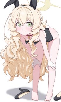  1girl :3 absurdres animal_ears ass bandaid blackness_(blackness661) blonde_hair blue_archive blush breasts collar fake_animal_ears fake_tail feet gloves green_eyes halo high_heels highres leotard loli long_hair looking_at_viewer playboy_bunny professor_niyaniya_(blue_archive) rabbit_ears rabbit_tail small_breasts smug solo standing tail thighs toes white_background 