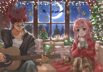  1boy 1girl acoustic_guitar akira_ituki black_shirt brown_hair candle cardigan christmas christmas_lights christmas_ornaments christmas_tree closed_eyes closed_mouth commentary_request couch crescent_moon cup green_eyes guitar guvava holding holding_cup holding_guitar holding_instrument indoors instrument long_hair long_sleeves looking_at_another macross macross_7 moon music mylene_jenius nekki_basara night on_couch open_clothes open_shirt pillow pink_hair plaid_clothes plaid_skirt playing_guitar playing_instrument pointy_ears red_cardigan round_eyewear shirt short_hair sitting skirt sky sleeves_past_wrists smile star_(sky) star_(symbol) sunglasses tree white_shirt window 