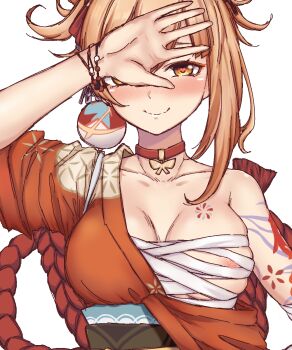  1girl arm_tattoo arm_up bandaged_arm bandages blonde_hair blush bracelet breast_tattoo breasts budget_sarashi butterfly_choker chest_sarashi choker commentary fish_tattoo flower_tattoo genshin_impact hadanugi_dousa hair_ornament hand_over_eye heart heart_in_eye highres japanese_clothes jewelry kimono large_breasts lee_mae_hyang looking_at_viewer nipple_slip nipples nose_blush open_hand open_kimono orange_kimono red_choker rope sarashi shimenawa simple_background smile solo straight-on symbol_in_eye tattoo upper_body wardrobe_malfunction yellow_eyes yoimiya_(genshin_impact) 