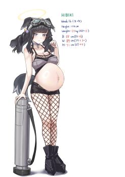  1girl absurdres animal_ears big_belly black_hair black_shorts blue_archive boots breasts character_age character_name collar dog_ears dog_girl dog_tail fishnet_pantyhose fishnets garylin goggles goggles_on_head halo height hibiki_(blue_archive) highres long_hair measurements medium_breasts micro_shorts mortar_(weapon) multiple_pregnancy outie_navel pantyhose pregnancy_halo pregnant shorts solo standing stats tail three_sizes weight yellow_halo 