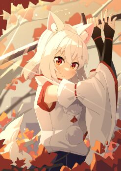  1girl absurdres animal_ear_fluff animal_ears blush bridal_gauntlets chinese_commentary closed_mouth commentary_request detached_sleeves highres holding holding_sword holding_weapon inubashiri_momiji looking_at_viewer no_headwear red_eyes ribbon-trimmed_sleeves ribbon_trim sdftehn sword tail touhou weapon wolf_ears wolf_girl wolf_tail 