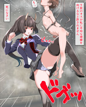  1boy 1girl absurdres age_difference ball_busting bdsm black_hair black_thighhighs blazer blue_jacket blue_panties bondage bound brown_hair brown_shoes cbt censored clothed_female_nude_male commentary_request cum doriane_dojin ejaculation femdom grey_skirt handsfree_ejaculation hetero highres horns jacket kneeing leg_lift loafers long_hair miniskirt mosaic_censoring nude onee-shota original panties penis restrained school_uniform shirt shoes shota skirt suspension thighhighs translated underwear white_shirt 
