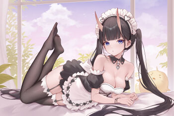  1girl absurdres apron azur_lane baby_animal bird black_garter_straps black_hair black_thighhighs breasts chick cleavage detached_collar detached_sleeves dress garter_straps highres horns long_hair lying maid_apron maid_headdress manjuu_(azur_lane) negi_kome no_shoes noshiro_(azur_lane) noshiro_(hold_the_ice)_(azur_lane) official_alternate_costume puffy_detached_sleeves puffy_sleeves solo strapless strapless_dress thighhighs toes twintails white_apron 