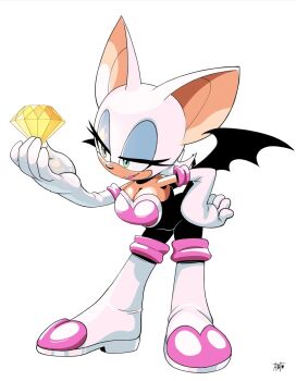  1girl adam_bryce_thomas animal_ears animal_nose artist_name bat_ears bat_girl bat_tail bat_wings black_bodysuit blue_eyeliner blue_eyeshadow bodysuit boots breasts chaos_emerald cleavage elbow_gloves eyelashes eyeliner eyeshadow furry furry_female gloves high_heel_boots high_heels makeup rouge_the_bat smile solo sonic_(series) tail white_boots white_fur white_gloves wings 