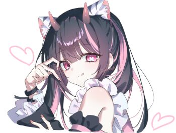  1boy :q animal_ear_fluff animal_ears black_hair blunt_bangs bracelet cho_kaguya-hime! commentary_request crossdressing crossdressing_(mtf) frilled_sleeves frills gradient_horns half-heart_hands heart heart-shaped_pupils highres horns jeeyeah672 jewelry komazawa_noi long_hair long_sleeves looking_at_viewer male_focus mismatched_pupils multicolored_hair multicolored_horns pink_eyes pink_horns pink_streaks simple_background smile solo streaked_hair symbol-shaped_pupils tiger_ears tongue tongue_out trap twintails upper_body white_background 