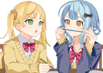  2girls 55szt :o alternate_costume blonde_hair blue_hair blue_jacket bow bowtie braid braided_hair_rings brown_eyes collared_shirt commentary_request facial_hair green_eyes hair_bow hair_rings hands_up holding holding_pencil jacket long_hair long_sleeves looking_at_another mahou_shoujo_no_majo_saiban multiple_girls mustache open_mouth pencil pencil_mustache red_bow red_bowtie school_uniform shirt short_hair simple_background sweater table tachibana_sherry tono_hanna twintails upper_body white_background white_shirt yellow_sweater 