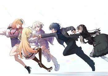  5girls ahoge azusamaru belt black_hair black_pants black_thighhighs blazer blonde_hair blue_hair blunt_bangs blush breasts choker closed_eyes commentary_request cross-laced_clothes cross-laced_dress dress earrings eyewear_on_head flat_chest frills garter_belt gothic_lolita gradient_hair hair_ornament hair_ribbon hairclip hand_fan happy_tears highres hime_cut hiodoshi_ao hiodoshi_ao_(1st_costume) hololive hololive_dev_is ichijou_ririka ichijou_ririka_(1st_costume) jacket jewelry juufuutei_raden juufuutei_raden_(1st_costume) large_breasts leg_warmers lolita_fashion long_hair long_sleeves multicolored_hair multiple_girls open_clothes open_jacket open_mouth orange_hair otonose_kanade otonose_kanade_(1st_costume) pants pink_hair pink_shirt pulling pulling_arm purple_eyes purple_hair red_ribbon regloss_(hololive) ribbon running shirt shoes short_hair shorts skirt sleeveless sleeveless_shirt smile sneakers sparkle streaked_hair tearing_up tears thighhighs todoroki_hajime todoroki_hajime_(1st_costume) two-tone_hair two_side_up virtual_youtuber white_background white_shirt white_thighhighs 