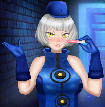  1girl bare_shoulders blue_dress blue_gloves blue_hat blush bob_cut breasts dress eddarxart elizabeth_(persona) gloves glowing glowing_eyes hat high_collar holding impregnation looking_at_viewer medium_breasts outdoors persona persona_3 persona_3_reload pink_lips pregnancy_test puffy_lips requesting_impregnation short_hair sleeveless sleeveless_dress sleveless solo velvet_room white_hair yellow_eyes 