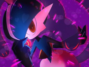 1boy alternate_color artist_name blue_hair blue_skin colored_skin dutch_angle gallade gen_4_pokemon ghost grey_hair hair_over_one_eye hands_up heart holding life_orb looking_at_viewer male_focus mohawk multicolored_hair multicolored_skin nintendo one_eye_covered orange_eyes outline pokemon pokemon_(creature) pokemon_move purple_background red_outline shadow_sneak_(pokemon) shiny_pokemon short_hair signature solo standing twitter_username two-tone_hair two-tone_skin upper_body white_skin yuri_(fl0werspace)