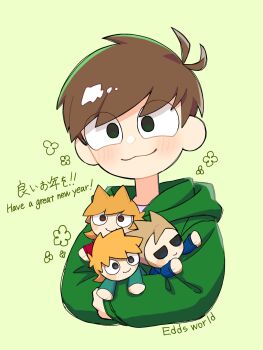  1boy :3 antenna_hair bilingual_text blush brown_hair character_doll commentary copyright_name cropped_torso doll drawstring edd_(eddsworld) eddsworld english_text green_background green_eyes green_hoodie hair_behind_ear highres holding holding_stuffed_toy hood hood_down hoodie long_sleeves male_focus matt_(eddsworld) mixed-language_text new_year roshii_(ionlw0gynh24926) short_hair simple_background smile solo stuffed_animal stuffed_toy swept_bangs tom_(eddsworld) tord_(eddsworld) translation_request 