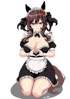  1girl absurdres alternate_costume animal_ears apron black_bow black_dress black_ribbon blush bow braid braided_hair_rings breasts brown_hair cleavage commentary_request detached_collar dress ear_covers ear_ornament enmaided gentildonna_(umamusume) hair_between_eyes hair_ornament hair_ribbon hair_rings heart heart-shaped_ornament heart_ear_ornament heart_hands highres horse_ears horse_girl horse_tail large_breasts long_hair looking_at_viewer maid maid_apron maid_headdress medium_hair pocotas red_eyes ribbon seiza sidelocks simple_background sitting smile solo tail thighs umamusume waist_apron wariza white_apron white_background white_headdress white_wrist_cuffs wrist_cuffs 