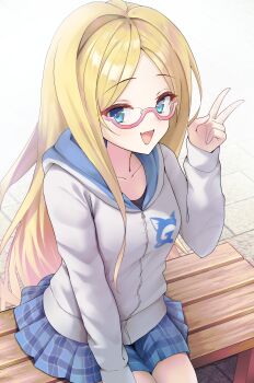  1girl absurdres aged_up black_shirt blonde_hair blue_eyes blue_skirt breasts collarbone commission fang female_focus gelbooru gelbooru-tan glasses glazearty hand_up happy highres hood hood_down hooded_jacket jacket logo long_hair long_sleeves looking_at_viewer miniskirt on_bench open_mouth outdoors parted_bangs plaid_clothes plaid_skirt pleated_skirt red-framed_eyewear semi-rimless_eyewear shirt sidelocks sitting skin_fang skirt small_breasts smile solo v white_jacket zipper_pull_tab 