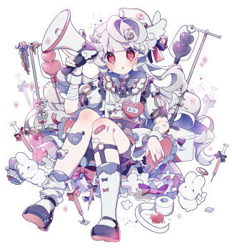  1girl :o absurdres bandaged_arm bandages bandaid bandaid_on_knee bandaid_on_leg bike_shorts black_shoes blunt_bangs blush commentary_request full_body grey_hair heart heart-shaped_bandaid highres holding holding_megaphone legwear_garter long_hair looking_at_viewer megaphone miniko_0325 o-ring o-ring_legwear_garter open_mouth original rabbit red_eyes shirt shoes short_sleeves simple_background sitting skirt socks solo syringe toilet_paper white_background white_shirt white_skirt white_socks 