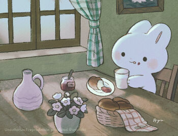  1other :p artist_name ayu_(mog) basket black_eyes blush bread chair chibikemo closed_mouth commentary cup english_commentary flower food food_on_face furry holding holding_cup indoors jam jar jug_(bottle) milk mixed-language_commentary original other_focus plant plate rabbit romaji_commentary signature sitting smile solid_circle_eyes solo table tongue tongue_out twitter_username vase white_flower window 
