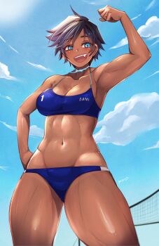  1girl abs absurdres black_hair blue_eyes blue_fire breasts cloud commentary dani_(kivo) dark-skinned_female dark_skin dullahan english_commentary fang fire flexing highres kivo muscular muscular_female navel original short_hair sky sports_bikini sweat thick_thighs thighs tomboy volleyball_net 