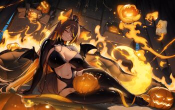  1girl absurdres animal_ears bat_wings between_legs bikini biting black_leotard black_thighhighs black_wings book branch breasts brick_wall brown_hair chain choker cleavage collar commentary couch crushed crushing curtains demon_wings earclip english_commentary fang fiery_ears fingerless_gloves fire flame-tipped_tail from_below full_body ghost_costume gloved_sleeves gloves gradient_hair greatodoggo grin hairband halloween hand_on_own_leg head_tilt heattech_leotard highleg highleg_leotard highres indie_virtual_youtuber indoors jack-o'-lantern large_breasts latex latex_bra latex_leotard latex_thighhighs leash leotard liquid long_hair looking_at_viewer mini_wings multicolored_hair navel no_shoes o-ring o-ring_bikini on_couch orange_eyes orange_fire orange_hair pyro_pup_(sinder) second-party_source shelf sinder_(vtuber) sitting skindentation skull skull_ornament sleeved_leotard smile solo sparks spiked_collar spiked_hair_ornament spiked_hairband spikes swimsuit tail thighhighs turtleneck very_long_hair virtual_youtuber wainscoting window wings wolf_ears wolf_girl wolf_tail 