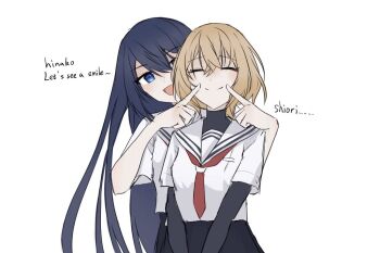  2girls black_hair blonde_hair blue_eyes blue_hair cheek_poking closed_eyes commentary english_commentary english_text fingersmile forced_smile hair_between_eyes long_hair mngyu437743 multiple_girls neckerchief necktie open_mouth oumi_shiori poking sailor_collar school_uniform serafuku shirt short_hair short_sleeves simple_background skirt smile watashi_wo_tabetai_hitodenashi white_background white_sailor_collar yaotose_hinako yuri 