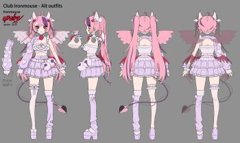  1girl closed_mouth commentary demon_girl demon_horns demon_tail demon_wings english_commentary epebe frilled_skirt frills hair_ornament heart heart_hair_ornament heterochromia highres horns ironmouse looking_at_viewer multicolored_hair official_alternate_costume official_art pink_hair purple_eyes purple_streaks red_eyes shirt shoes skirt solo streaked_hair tail thighhighs twintails vshojo white_shirt white_shoes white_skirt white_thighhighs wings 