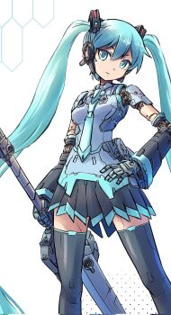  1girl aqua_eyes aqua_hair aqua_necktie arms_at_sides black_skirt closed_mouth commentary_request corrupted_twitter_file cowboy_shot hair_between_eyes hand_on_own_hip hatsune_miku headphones highres holding holding_sword holding_weapon legs_apart long_hair looking_at_viewer mechabare mechanical_arms mechanical_hands mechanical_legs mechanical_necktie mechanical_skirt mechanical_sword mechanization miniskirt necktie nontraditional_miko pleated_skirt skirt solo standing sword thighhighs tsune_(dreamers_express) twintails very_long_hair vocaloid weapon white_background zettai_ryouiki 