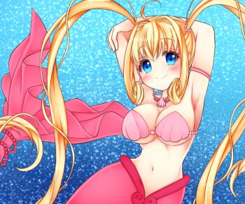  1girl armlet armpits arms_up blonde_hair blue_eyes blush breasts cleavage collarbone commentary_request earrings hair_between_eyes hair_ornament jewelry long_hair looking_at_viewer maki65 medium_breasts mermaid mermaid_melody_pichi_pichi_pitch monster_girl nanami_lucia nanami_lucia_(mermaid) navel necklace parted_lips shell shell_earrings shell_necklace solo stomach twintails 