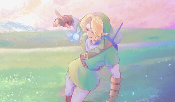  1boy absurdres belt blonde_hair commentary fairy fairy_wings field grass green_hat green_tunic grey_pants hat highres horizon link male_focus naltu101 navi nintendo on_ground outdoors pants pointy_ears shield shield_on_back standing sword sword_on_back the_legend_of_zelda the_legend_of_zelda:_ocarina_of_time tunic weapon weapon_on_back wings 