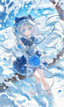  1girl absurdres animal bare_shoulders black_bow black_bowtie blue_eyes blue_flower blue_hat blue_rose blue_shoes blue_skirt bow bowtie cat day double-parted_bangs flower frilled_skirt frills full_body hat highres juliet_sleeves long_hair long_sleeves looking_at_viewer original outdoors parted_lips puffy_sleeves rose shirt shoes sitting skirt snow socks solo watermark white_hair white_shirt white_socks winter yi_kuai_cha_suyou 