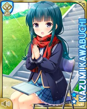 1girl :o aqua_hair black_jacket blue_jacket blue_neckwear blue_ribbon blue_skirt card_(medium) chair character_name day female_focus girlfriend_(kari) grey_eyes jacket kawabuchi_kazumi official_art open_mouth outdoors plaid_clothes plaid_skirt qp:flapper red_scarf ribbon scarf school school_uniform shirt sitting skirt solo tagme twintails white_shirt