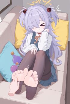  >_< 1girl :t ^^^ absurdres artist_name barefoot black_pantyhose blue_archive blush brown_ribbon chinese_commentary closed_mouth collared_shirt commentary_request convenient_leg couch crossed_bangs disembodied_hand dress dutch_angle eugenecolin eyeball_hair_ornament eyelashes facing_viewer feet flask foot_focus full_body furrowed_brow grey_hair hair_intakes hair_over_one_eye halo hand_on_own_knee hands_up highres kanoe_(blue_archive) knees_up laughing long_bangs long_hair neck_ribbon notice_lines on_couch one_eye_covered orange_halo paid_reward_available pantyhose pillow pinafore_dress ribbon round-bottom_flask school_uniform shirt sitting sleeveless sleeveless_dress sleeves_past_wrists smile soles solo thighband_pantyhose tickling tickling_feet toeless_legwear toes two_side_up variant_set very_long_hair white_shirt  rating:Sensitive score:30 user:danbooru