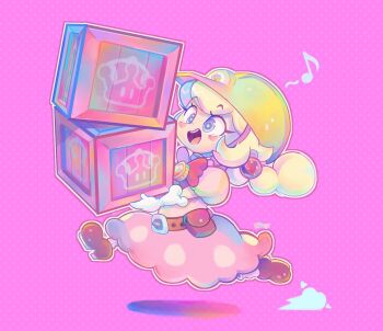  1girl belt blonde_hair blush brown_belt brown_shoes carrying commentary crate dress elbow_gloves english_commentary eyelashes full_body gloves hair_ornament hard_hat heart helmet highres long_hair mario_(series) musical_note nat0rii new_super_mario_bros._u_deluxe nintendo open_mouth peachette pink_background pink_dress puffy_short_sleeves puffy_sleeves purple_eyes running shoes short_sleeves smile solo super_mario_maker_2 teeth upper_teeth_only white_gloves yellow_helmet 