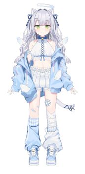  1girl :3 a-pose absurdres animal_collar animal_ears asymmetrical_legwear bandaged_leg bandages bare_shoulders bell blue_choker blue_leg_warmers blue_nails blue_ribbon blue_shoes blunt_bangs breasts cat_ears cat_girl cat_tail choker closed_mouth collar covered_collarbone crop_top dot_nose full_body green_eyes grey_hair hair_ornament hair_ribbon halo halterneck highres hood hoodie indie_virtual_youtuber jacket jacket_partially_removed leg_warmers long_hair looking_ahead looking_at_viewer maten_matyu melting_halo midriff mini_wings mismatched_legwear nail_polish navel neck_bell nikuya_mugi off_shoulder official_art open_clothes open_hoodie pale_skin puffy_shorts ribbon second-party_source shoes shorts side_part simple_background sleeves_past_wrists small_breasts sneakers solo standing straight-on tachi-e tail tail_bell tail_ornament tail_ribbon transparent_background wavy_hair white_leg_warmers wings x_hair_ornament 