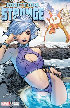  1girl absurdres artist_collaboration bikini bracelet breasts cabin cape character_name character_snowman clea_strange cleavage cleavage_cutout clothing_cutout comic_cover company_name copyright_logo copyright_name cover cover_page doctor_strange doctor_strange_(series) earrings english_text eye_of_agamotto eyeshadow green_eyes hand_on_own_hip highres hoop_earrings hot_tub jewelry large_breasts logo looking_at_viewer makeup marvel midriff mountain mystical_high_collar navel official_alternate_costume official_art outdoors pablo_villalobos parted_lips purple_bikini purple_eyeshadow purple_lips purple_nails red_cape romulo_fajardo_jr. short_hair signature snow snowman solo swimsuit water western_comics_(style) white_hair 