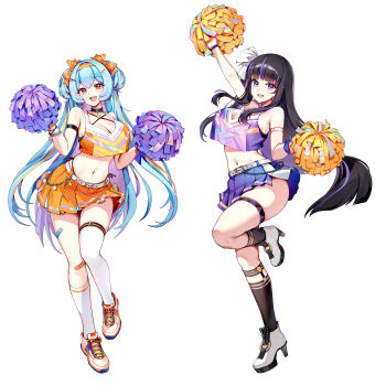 2girls arm_strap arm_up asymmetrical_legwear bao_the_whale bare_shoulders belt black_choker black_hair black_socks blue_hair bow breasts character_request cheerleader choker cleavage commentary crop_top crop_top_overhang english_commentary fang foxyreine full_body hair_bow hands_up high_heels highres holding holding_pom_poms indie_virtual_youtuber kneehighs large_breasts leg_up long_hair looking_at_viewer midriff miniskirt mismatched_legwear multicolored_hair multiple_girls navel open_mouth orange_shirt orange_skirt pleated_skirt pom_pom_(cheerleading) pom_poms purple_eyes purple_shirt purple_skirt red_eyes shirt shoes simple_background skindentation skirt sleeveless sleeveless_shirt smile sneakers socks stomach streaked_hair thigh_strap thighhighs thighs very_long_hair virtual_youtuber white_background white_shoes white_thighhighs rating:Sensitive score:9 user:danbooru