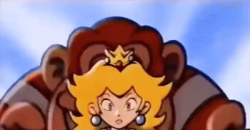 1990s_(style) 1992 1girl animated animated_gif anime_screenshot blonde_hair blue_eyes brown_hair crown donkey_kong_(series) donkey_kong_jr. earrings game_console grin jewelry lipstick long_hair looking_at_viewer lowres makeup mario_(series) mario_kart nintendo official_art princess princess_peach retro_artstyle size_difference smile snes sphere_earrings super_mario_kart surprised tagme