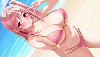  1girl beach bikini blush breasts cleavage closed_mouth commentary_request cygnus_(cygnus7) dead_or_alive dead_or_alive_5 highres honoka_(doa) large_breasts looking_at_viewer navel ocean outdoors pink_bikini side_ponytail smile solo standing stomach swimsuit thighs v water 