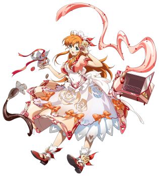  1girl :d ankle_cuffs ankle_flower ankle_ribbon apron bag blue_eyes bracelet breasts candy chocolate chocolate_making chris_(langrisser) clothing_cutout corset covered_navel curtained_hair dress floating floating_clothes floating_hair floating_object floral_print flower flower_cutout food full_body game_cg hair_flower hair_ornament hair_tie happy heart highres holding holding_bag holding_candy holding_food icing jewelry langrisser langrisser_i langrisser_mobile layered_dress leg_ribbon long_dress long_hair long_sidelocks looking_at_viewer maid_headdress medium_breasts multicolored_dress neck_flower neck_ribbon official_alternate_costume official_art open_mouth orange_dress orange_ribbon pastry_bag pleated_dress puffy_short_sleeves puffy_sleeves red_ribbon red_shoes ribbon ribbon-trimmed_dress ribbon_trim second-party_source see-through_bag shoes short_sleeves sidelocks simple_background sleeve_ribbon smile solo standing tachi-e toaster_oven toes_up transparent_background very_long_hair white_ankle_cuffs white_apron white_corset white_dress white_flower 