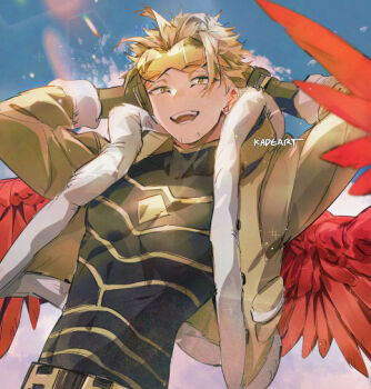  1boy artist_name blonde_hair boku_no_hero_academia commentary eyewear_on_head facial_hair feathers fur-trimmed_jacket fur_trim goggles hawks_(boku_no_hero_academia) jacket kadeart looking_at_viewer male_focus open_mouth red_feathers red_wings short_hair solo stubble superhero_costume symbol-only_commentary teeth upper_body wings 