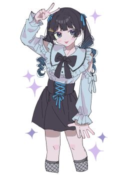  1girl :p arm_up black_bow black_bowtie black_hair black_skirt blue_bow blue_hair blue_ribbon blue_shirt bow bowtie center_cross_lace commentary_request cropped_legs detached_sleeves drill_hair fishnet_kneehighs fishnets frilled_shirt frilled_sleeves frills gradient_hair grey_eyes hair_ribbon highres long_sleeves multicolored_hair nijisanji ribbon shirt simple_background skirt solo sparkle tongue tongue_out tsukino_mito tsukino_mito_(jirai_kei) twin_drills uta_(utamilk) v virtual_youtuber white_background 