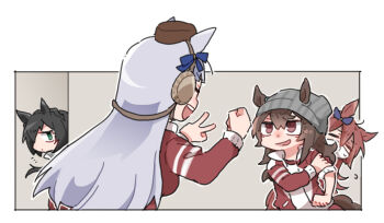  4girls :d =_= animal_ears beanie beer_hsk black_hair blue_bow blue_ribbon bow braid brown_hat closed_eyes commentary_request ear_bow ear_covers ear_ribbon ears_through_headwear gold_ship_(umamusume) green_eyes grey_hair grey_hat gym_shirt hair_between_eyes hat horse_ears horse_girl horse_tail jacket kin'iro_ryotei_(umamusume) long_hair mask mini_hat mouth_mask multiple_girls nakayama_festa_(umamusume) notice_lines open_clothes open_jacket open_mouth orfevre_(old_design)_(umamusume) profile red_jacket ribbon shirt smile striped_clothes striped_headwear tail track_jacket umamusume vertical-striped_clothes vertical-striped_headwear very_long_hair white_shirt 